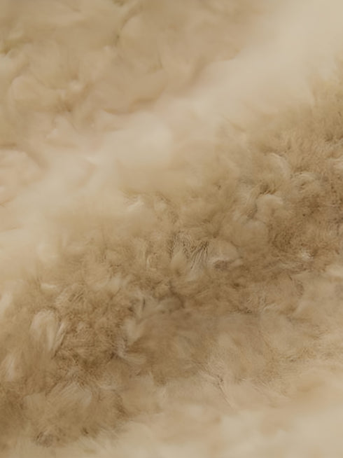 Color-Contrast Shearling Hooded Coat for Women — Mid-Length Faux Sheepskin Jacket with Raw-Edge Trim