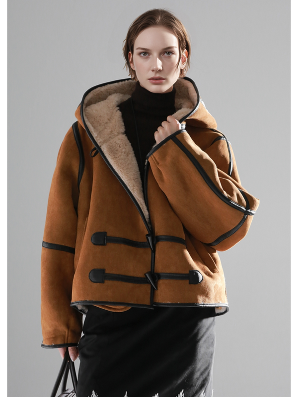 Reversible Women’s Suede & Shearling Coat – Luxury Hooded Duffle Toggle Jacket for Autumn/Winter