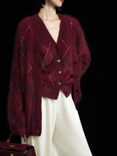 Heavyweight Brushed Knit Vintage Diamond-Pattern Cardigan for Women