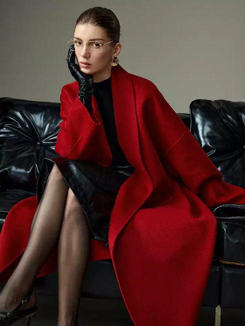 High-End Hepburn-Style Red Wool Coat for Women | Elegant Vintage Double-Faced Wool Overcoat for Christmas