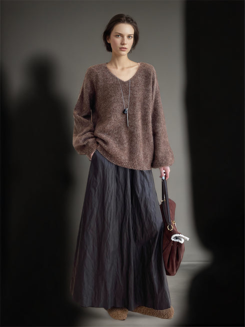 Women’s 100% Wool Brushed Knit Sweater | Seamless Two-Tone V-Neck Pullover with Soft Fuzzy Texture