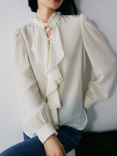 Women's Limited-Edition Heavyweight Crinkled Waffle Silk Ruffle Blouse – Elegant Fall Statement Shirt