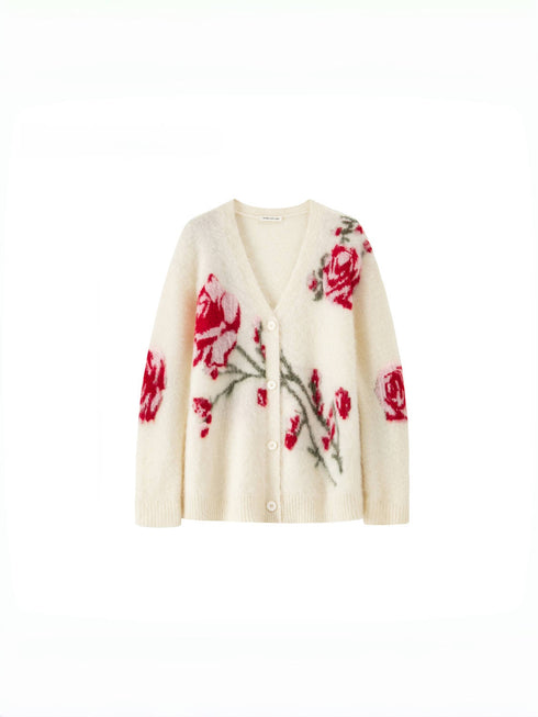 Luxury Alpaca Rose Jacquard Cardigan & Mermaid Skirt – Relaxed Fit (Sold Separately)