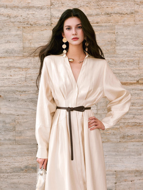 Silk Jacquard Satin Shirt Dress for Women – Belted Waist Flared A-Line Long Dress with Lustrous Finish