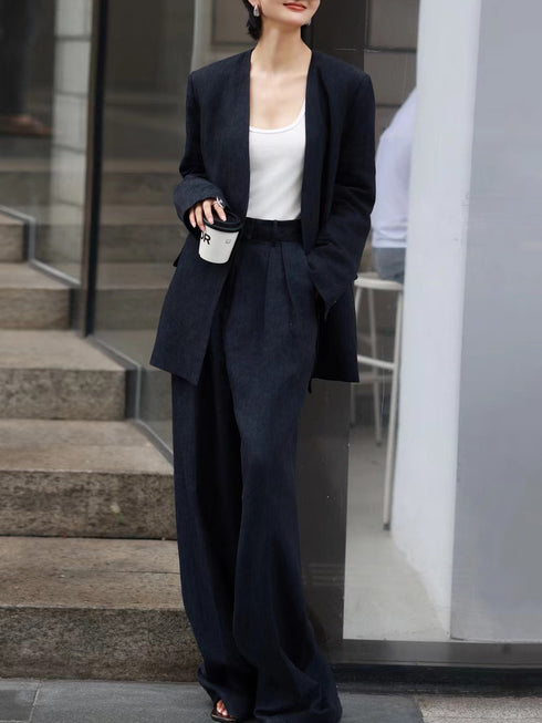 High-End Old Money Style Linen Suit – Relaxed Two-Piece Set with Wide-Leg Pants