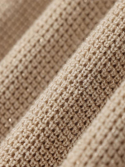 Shimmery Wool Waffle-Texture Maxi Dress with V-Neck Tie and Lace Trim