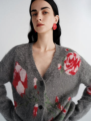Luxury Alpaca Rose Jacquard Cardigan & Mermaid Skirt – Relaxed Fit (Sold Separately)