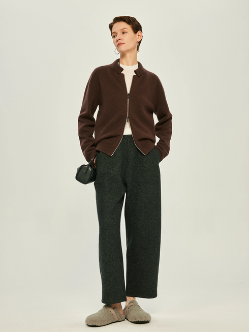 Women’s Heavyweight Australian Superfine Merino Double-Layer Knit Cardigan | Vintage Scallop Collar, Two-Way Zipper & Rolled Hem