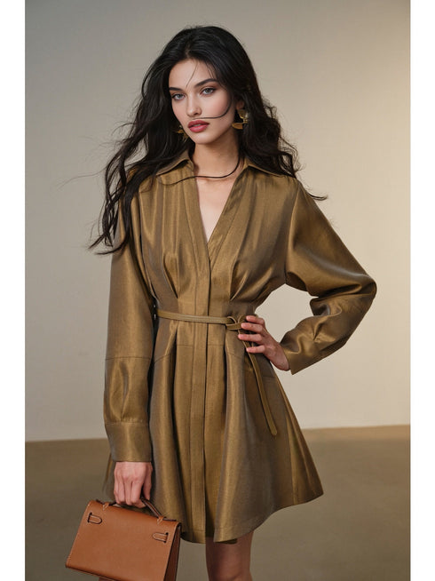 Lustrous Silk Brocade Shirt Dress – Structured Waistband, Full Skirt, Available in Long & Short Styles