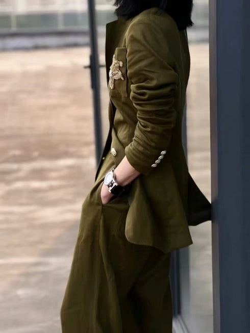 Linen Retro Loose Suit+Wide-leg Pants Commuter Two-piece Set