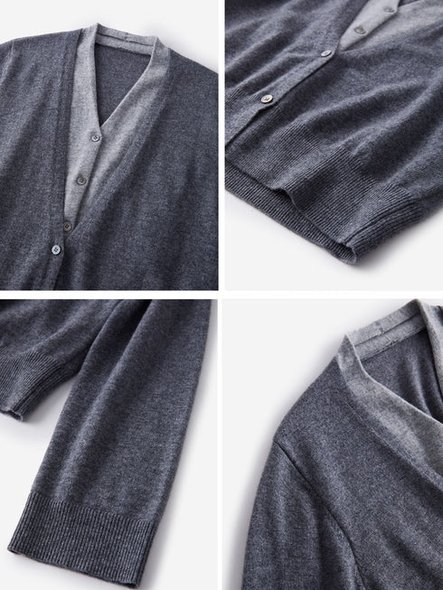 Layered V-Neck Contrast Trim Cardigan Jacket | Gray Wool Knit Unique Fall Top