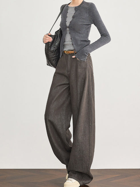 Amber Flow Tencel Brown Curved-Leg Wide-Leg Denim Pants for Women – Thickened Sickle-Cut Jeans for Fall & Winter