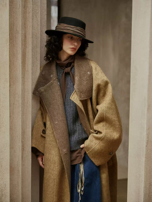 Vintage Double-Breasted Wool Cashmere Blend Coat for Women – Winter New Loose Silhouette, Mid-Length Double-Faced Wool Overcoat