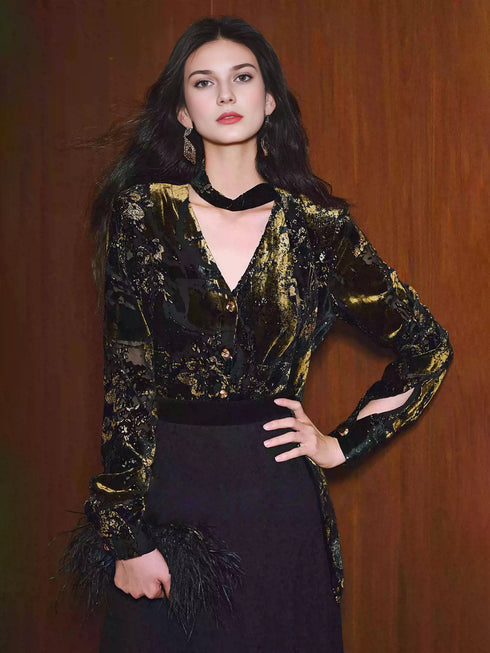 Party Gilded Velvet Burnout Blouse – High-Density Foil Velvet, Deep V-Neck Tie Detail, Relaxed Fit Shirt