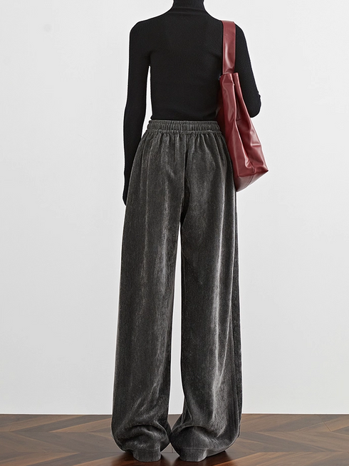 Women's Dark Gray Velvet Wide-Leg Pants – Extended Fall/Winter Chenille Casual Lounge Floor-Length Trousers with Draped Fit