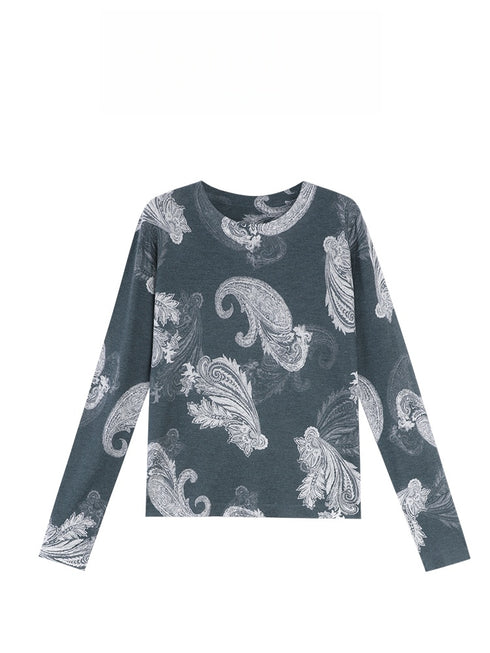 Hand-Painted Cashew Flower Print Wool Sweater – 16-Gauge Fine Knit Pullover with Waist Floral Design for Women