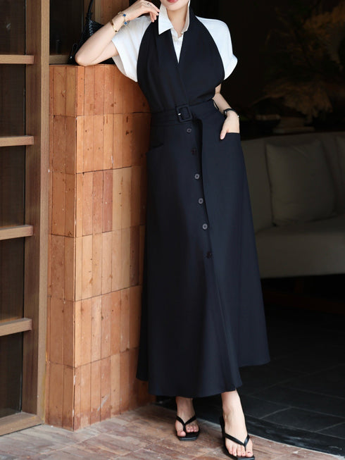 Elegant Halter Waist-Cinched Midi Dress & Blouse Two-Piece Set – Refined Office Lady Style