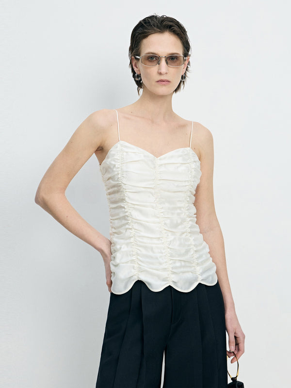 Handcrafted Tussah Silk Ruched V-Neck Camisole Top – Slimming Sculpted Luxury Tank