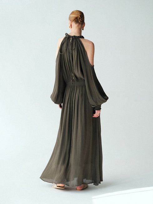 Luminous Muse Glossy Island Silk Halter Neck Cutout-Shoulder Pleated Maxi Dress