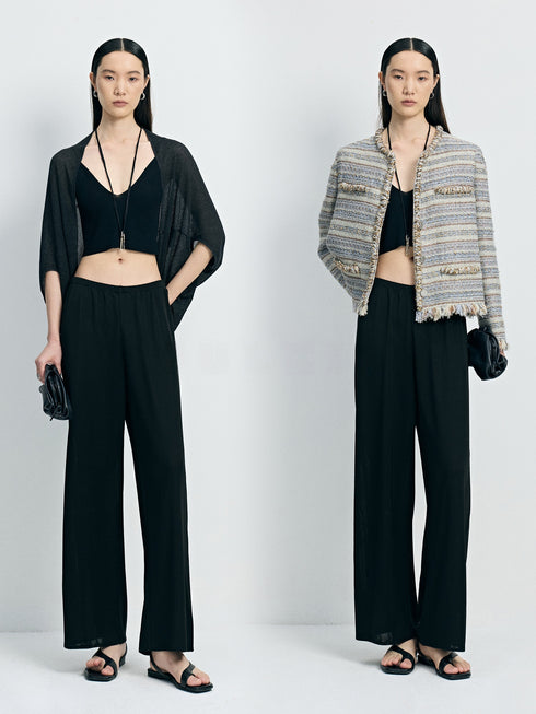 Cooling Acetate One-Piece Elastic-Waist Knit Air Pants - Fluid Wide-Leg Lounge Trousers