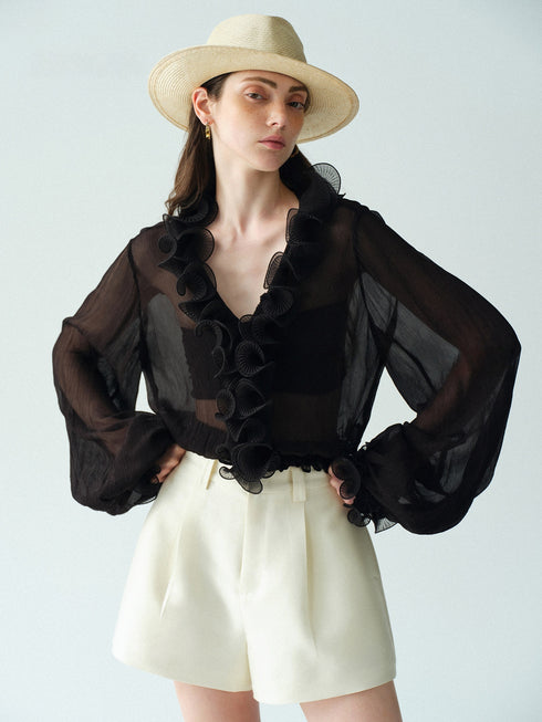 Luxury Cupro-Blend 3D Fan-Ruffle V-Neck Blouse – Sheer Statement Top