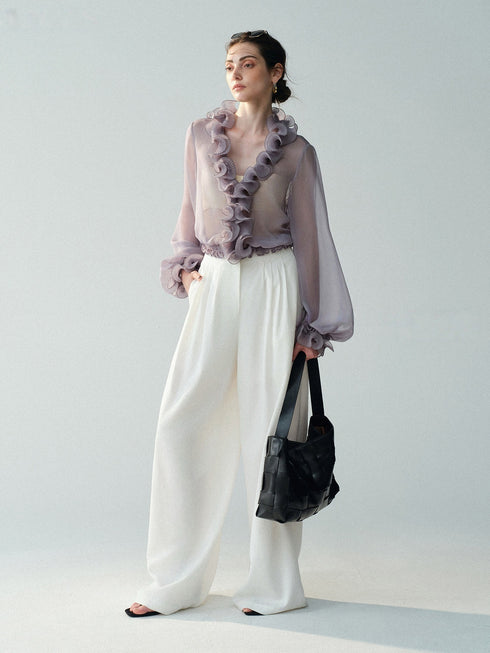 Lyocell-Linen Wide-Belt Wide-Leg Trousers – Vintage Draped Summer Palazzo Pants