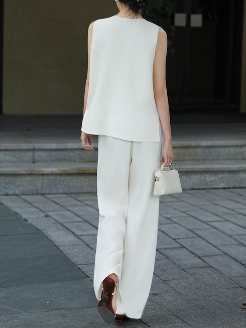 Textured Deep V-Neck Tank & Wide-Leg Pants Set – Minimalist Summer Two-Piece Lounge Suit