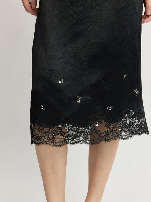 Cool-Touch Crinkled Acetate Beaded Lace Straight Midi Skirt