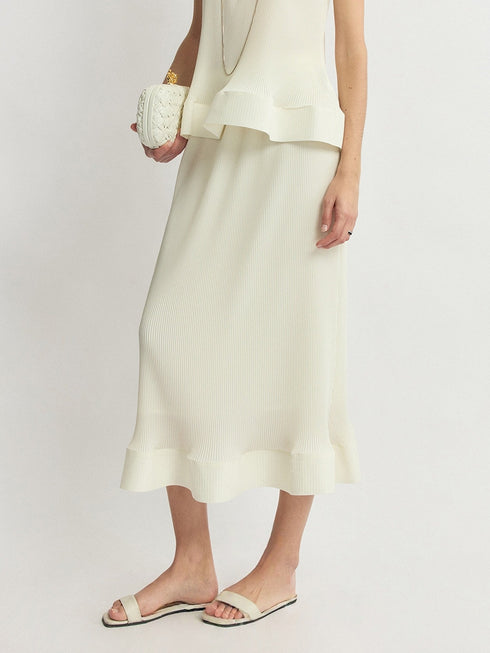 Miyake-Inspired Pleated Petal Sleeveless Top & Midi Skirt Set – Vanilla Cream Sculptural Ensemble