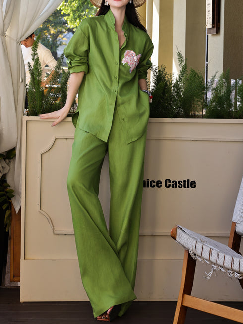 100% Linen Relaxed Embroidered Shirt & Wide-Leg Pants Set – Luxury Linen Two-Piece Outfit