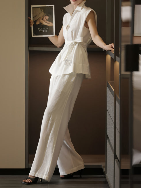 Minimalist Linen Sleeveless Blouse & Wide-Leg Pants Set – Summer Tailored Two-Piece Outfit