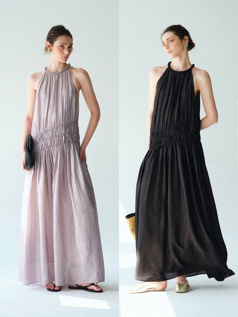 Pearlescent Acetate Braided Halter Maxi Dress – Hand-Smoked Sleeveless Resort Gown