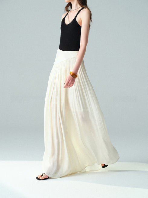 Pearlescent Island Silk Asymmetric Waist Bias-Cut Maxi Skirt – Fluid Pleated A-Line Silhouette