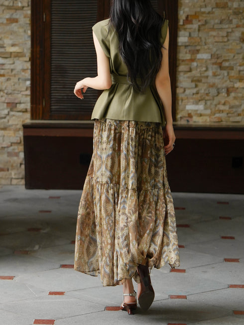 Vintage Waist-Tie Vest & Paisley Print Maxi Skirt Set – Elegant Spring Summer Two-Piece Outfit