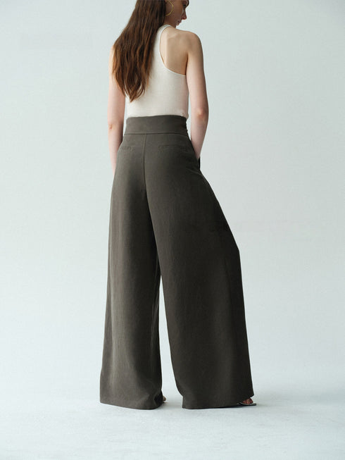 Lyocell-Linen Wide-Belt Wide-Leg Trousers – Vintage Draped Summer Palazzo Pants