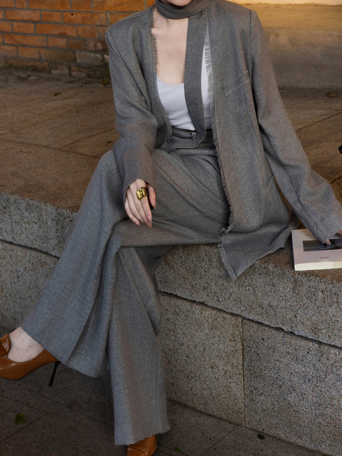Old Money Style Grey Linen Suit Set – Luxury Minimalist Blazer & Wide-Leg Trousers Two‑Piece