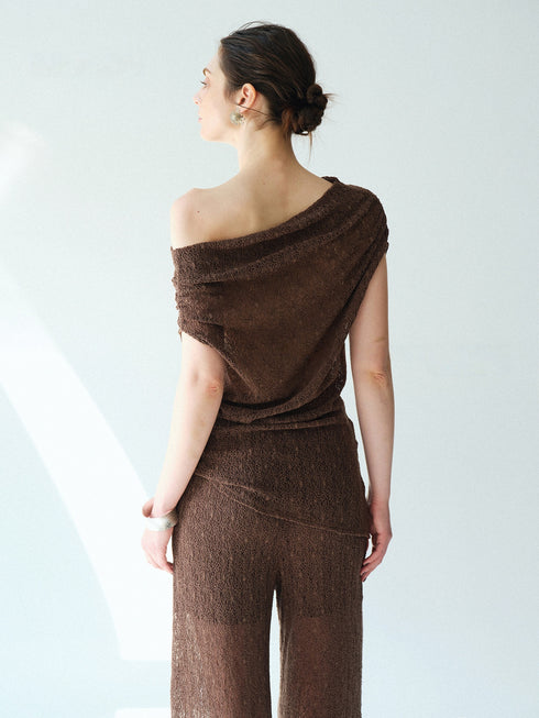 Heavy Lace Sheer Off-Shoulder Draped Top & Straight Micro-Flare Pants Set – Convertible Two-Way Statement Ensemble