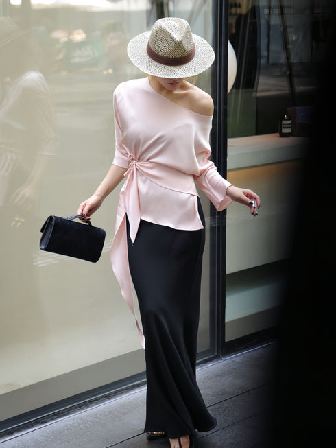 100% Mulberry Silk Asymmetric One-Shoulder Draped Top – Waist-Tie Elegant Long Sleeve Blouse