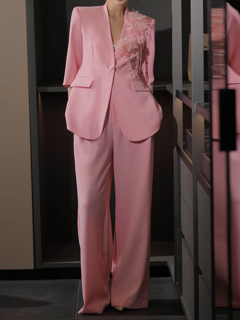 French Elegant Collarless Blazer & Wide-Leg Pants Set – Pearl Floral Embellished Tailored Three‑Piece Suit