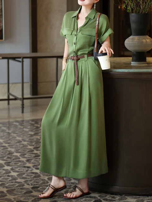 Luxury Cupro Utility Shirt Maxi Dress – Elegant Belted Workwear-Inspired Long Dress