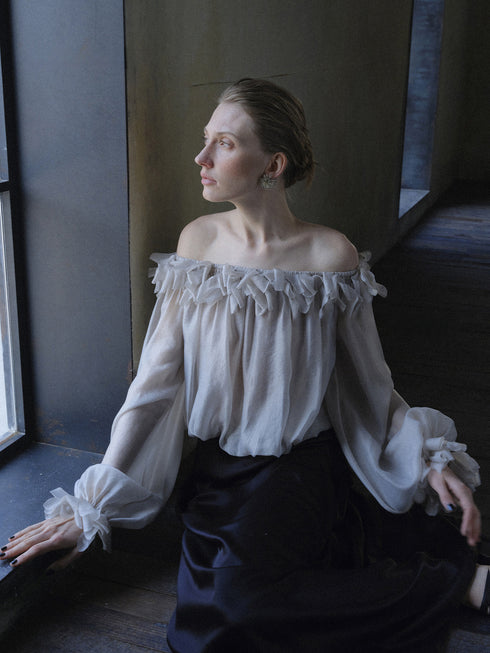 Petal Ruffle Off-Shoulder Cupro Blend Blouse – Sheer Romantic Balloon Sleeve Top