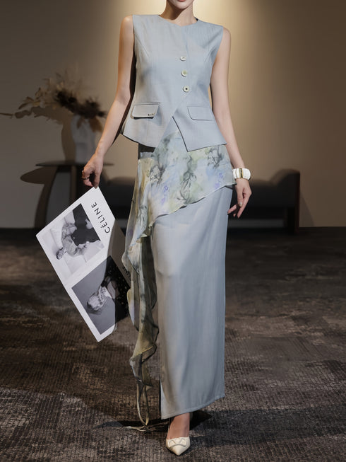 Mist Blue Ink-Wash Three-Piece Set – Tailored Waist Vest, Fluid Midi Skirt & Detachable Scarf Detail