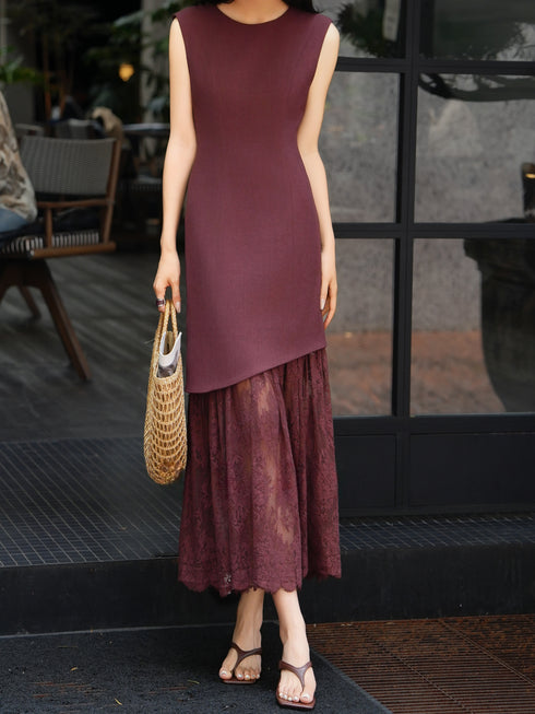 French Elegance Lace Patchwork Sleeveless Maxi Dress – Slim Waist Layered Summer Dress