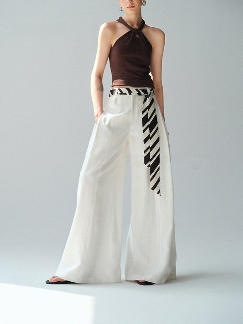 Urban Intellect Linen-Blend Double-Pleated Wide-Leg Trousers with Striped Silk Scarf