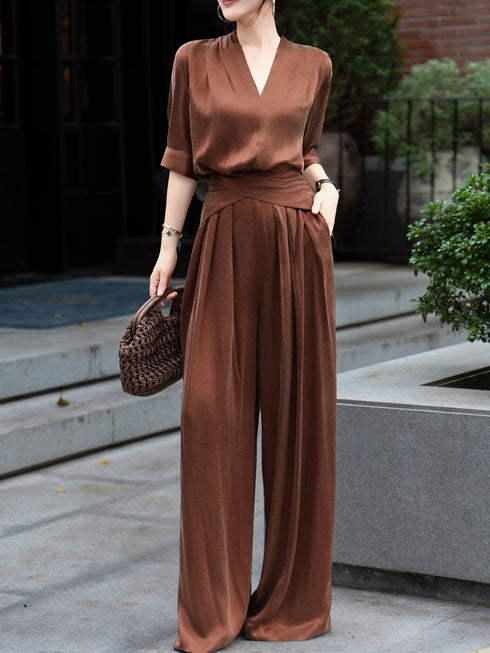 Cupro V‑Neck Draped Top & Wide‑Leg Pants Set – Elegant Cross‑Waist Two‑Piece Ensemble