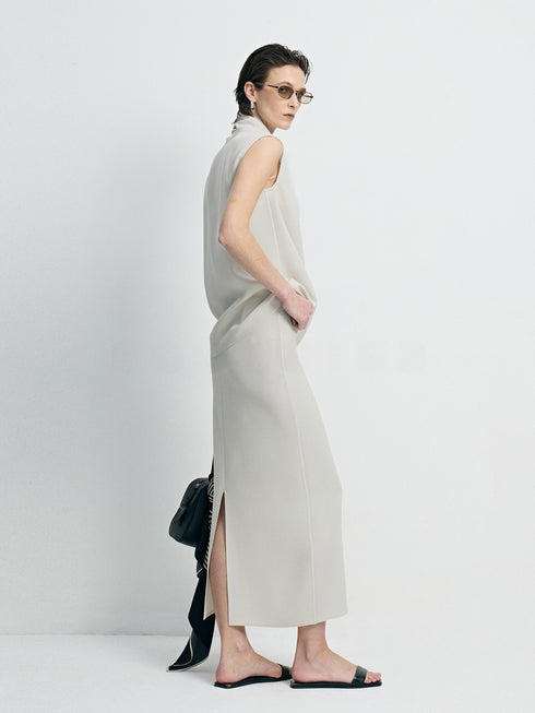 Quiet Luxury Cooling Acetate Asymmetric Scarf Blouse & Midi Skirt Set