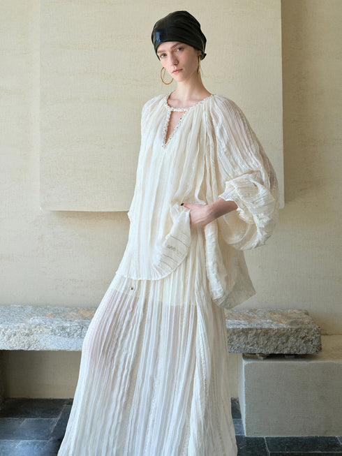 Sequin-Embellished French Pleated Chiffon Blouse – Ethereal Bohemian Sheer Goddess Top