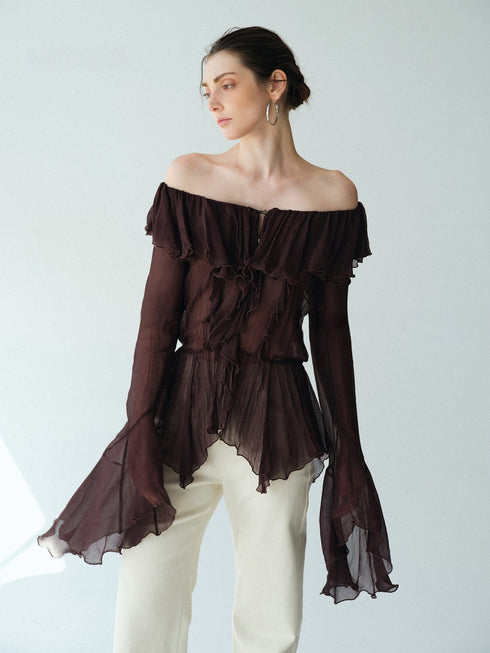 Luxury Cupro-Blend Ruffle V-Neck Blouse – Draped Bell Sleeve Romantic Top