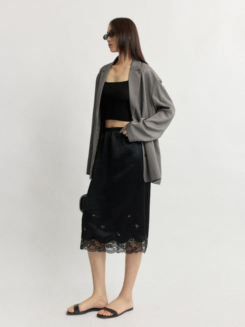 Cool-Touch Crinkled Acetate Beaded Lace Straight Midi Skirt