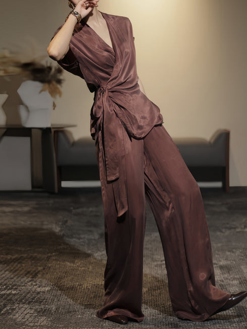 Luxury Satin-Texture Wrap V-Neck Tie Blouse & High-Waisted Wide-Leg Pants Set